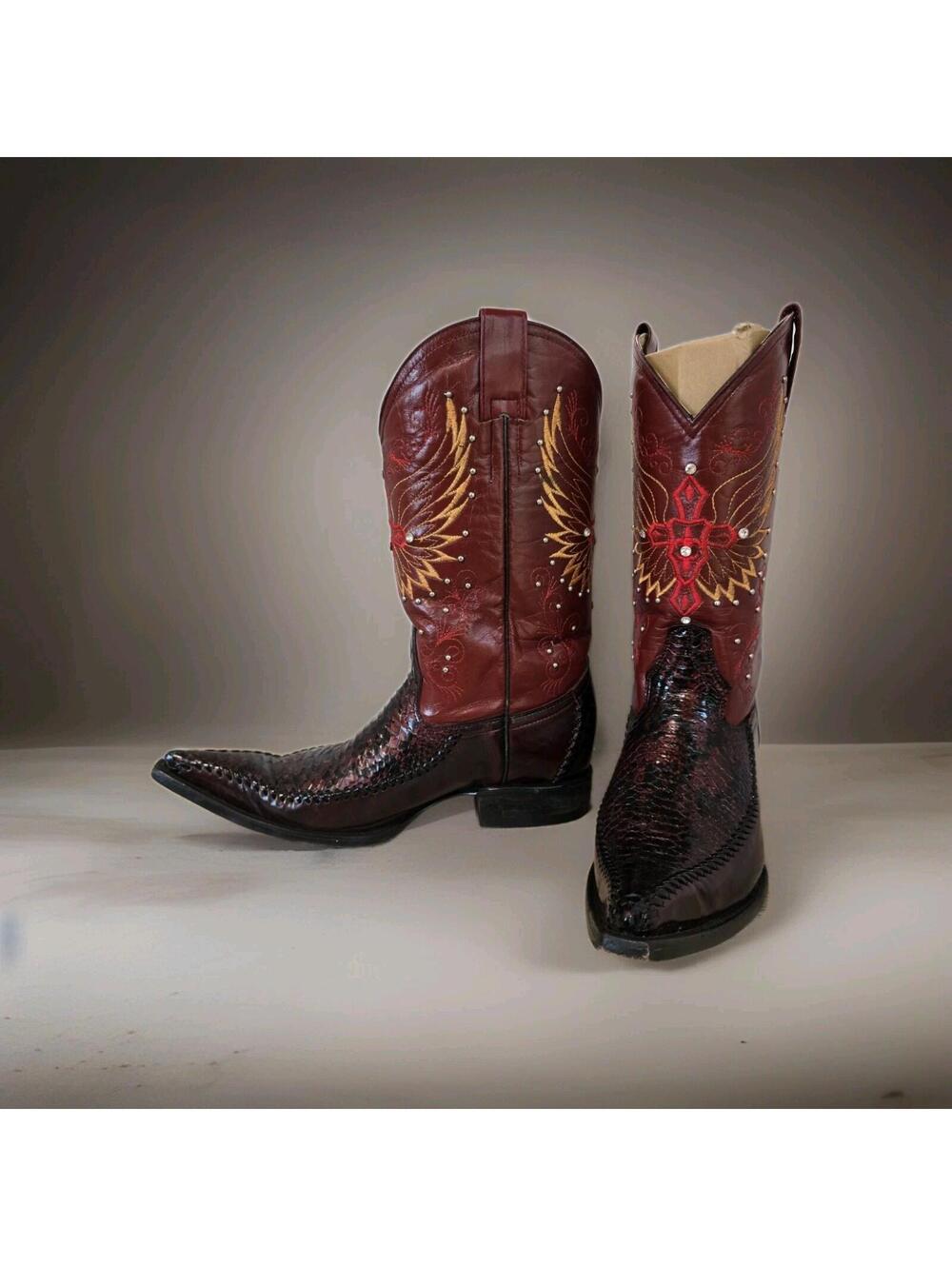 Vtg El General Men's  Burgundy Python Cowboy Boots Embroidered Snipped J Toe EUC